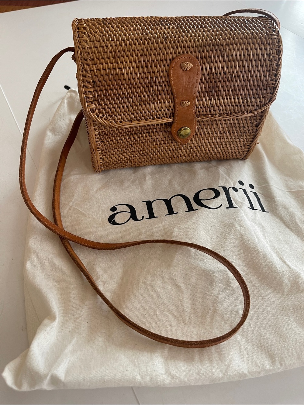 Amerii Rattan Woven Handmade Leather Strap Crossbody Bag